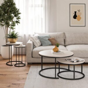 Ameriwood Home Caldwell 4-Piece Nesting Coffee and End Table Bundle, Ivory Pine w/ Black Metal