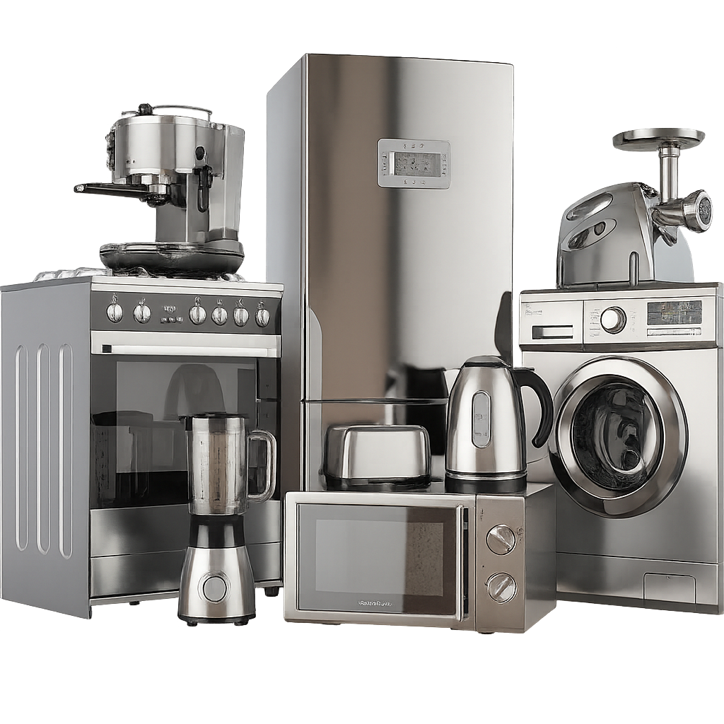 Stainless steel home appliances set on white—fridge, washer, range, microwave, blender and kettle—studio lighting, isolated.